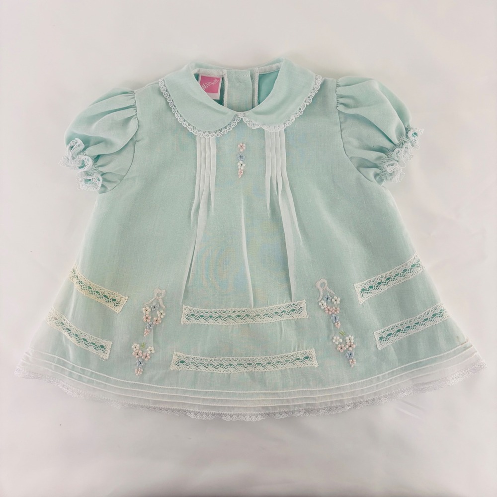 Vtg. Will'beth Mint Green Baby Girl Dress Embroidered Lace Peter Pan Collar 3M